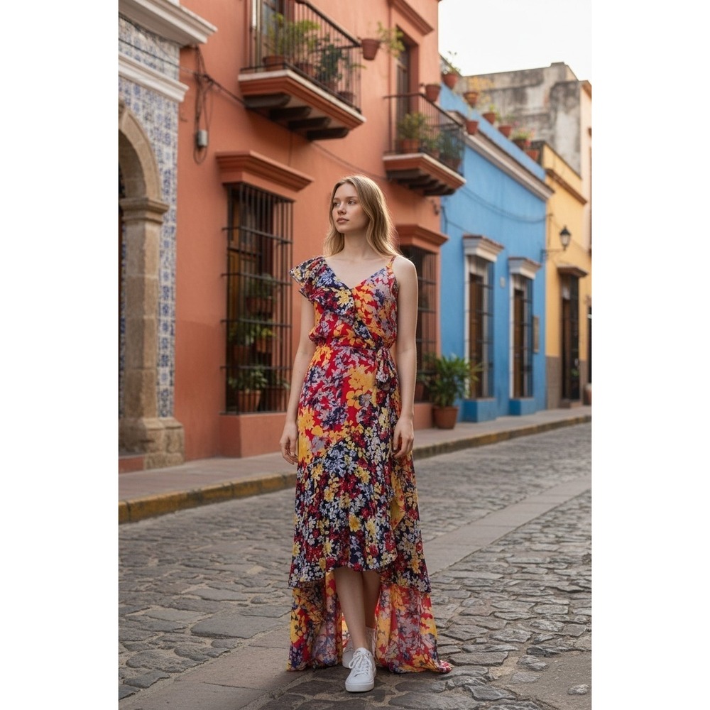 NWT Lulus Red Floral Ruffle Women High-Low Maxi Dress Chiffon Sleeveless Size S